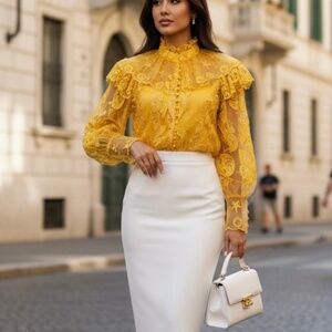 #A076 –Nancy Romantic Yellow Embroidered Sheer Blouse , Victorian collar, M